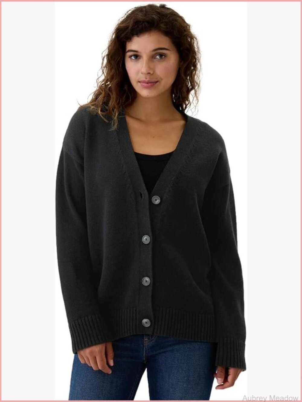 L Boyfriend Cardigan Cotton Crew Neck Button